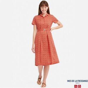 Ines de la Fressange x Uniqlo Red Floral Cotton Lawn Tuck Short Sleeve Dress